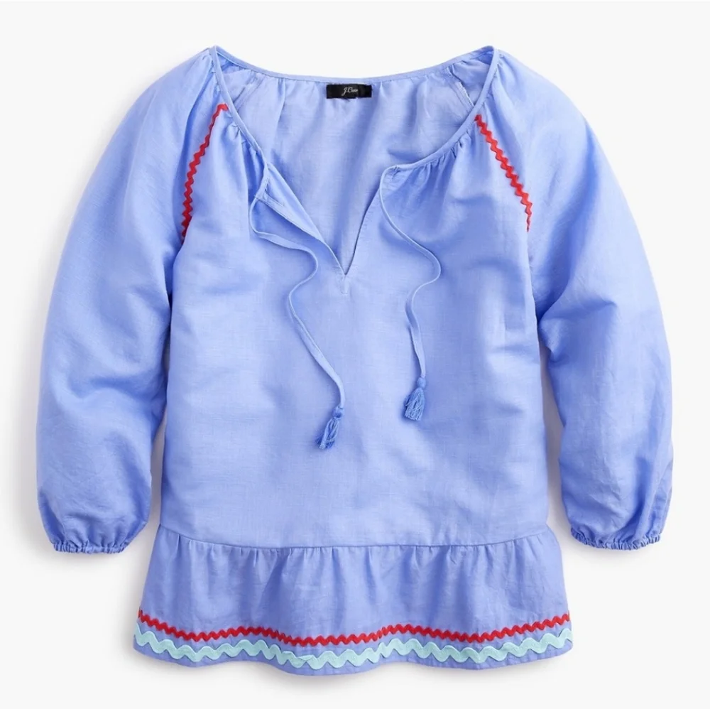 J. Crew Linen blend Peplum Blue ric rac blouse
